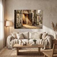 Ancient Church Entrance Sunlit Path Oil Painting Style Canvas Print Wall Art - Mockup Display 13