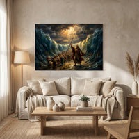Moses Parting Red Sea Oil Painting Style Canvas Print Wall Art, Dramatic Biblical Scene - Mockup Display 13