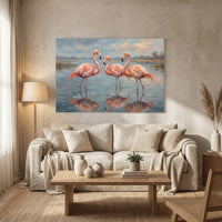 Three Pink Flamingos Oil Painting Style Canvas Print Wall Art, Serene Decor - Mockup Display 13