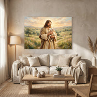 Jesus Christ Good Shepherd Oil Painting Style Canvas Print Wall Art, Spiritual Decor - Mockup Display 13