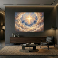 Radiant Cross in Divine Clouds Oil Painting Style Canvas Print Wall Art, Spiritual Decor - Mockup Display 13