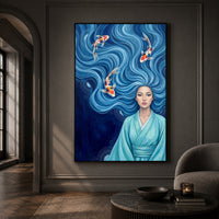 Serene Asian Woman with Flowing Blue Hair & Koi Fish Canvas Print Wall Art - Mockup Display 13