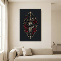 Gothic Snake & Skull Sword with Red Roses Illustrative Canvas Print Wall Art, Dark Fantasy Decor - Mockup Display 13