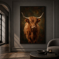 Majestic Highland Cow Portrait Oil Painting Style Canvas Print Wall Art, Rustic Farmhouse Decor - Mockup Display 13