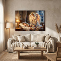 Guardian Angel Watching Child Oil Painting Style Canvas Print Wall Art, Serene Home Decor - Mockup Display 13