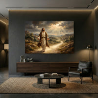 Jesus Walking Path Oil Painting Style Canvas Print Wall Art, Divine Light - Mockup Display 13
