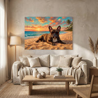 Cool French Bulldog Sunset Beach Oil Painting Style Canvas Print Wall Art for Dog Lovers - Mockup Display 13