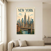 New York City Vintage Illustration Skyline Brooklyn Bridge Canvas Print Wall Art, Iconic - Mockup Display 13
