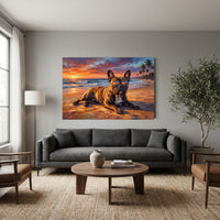 French Bulldog Sunset Beach Oil Painting Style Canvas Print Wall Art, Vibrant - Mockup Display 13