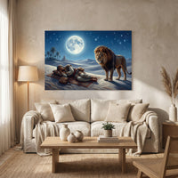 Desert Night Lion and Sleeping Man Oil Painting Style Canvas Print Wall Art - Mockup Display 13