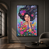Vibrant Boho Woman & Flowers Canvas Print Wall Art, Expressive Modern Decor - Mockup Display 13