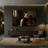 Contemplative Woman in Red Shawl, Classical Oil Painting Style Canvas Print Wall Art, Elegant. - Mockup Display 13