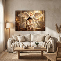 Guardian Angel Protecting Mother and Child Oil Painting Style Canvas Print Wall Art, Serene - Mockup Display 13