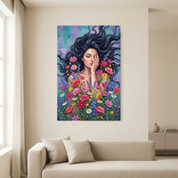 Woman in Wildflowers Oil Painting Style Canvas Print Wall Art with Vibrant Hues - Mockup Display 13