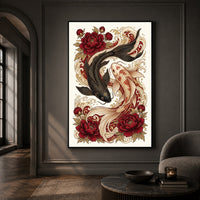 Yin Yang Koi Fish Peony Japanese Art Style Canvas Print Wall Art, Elegant Decor - Mockup Display 13