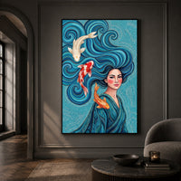 Vibrant Woman with Koi Fish Artistic Canvas Print Wall Art, Elegant Home Decor - Mockup Display 13