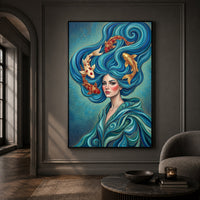Mystical Woman with Koi Fish Canvas Print Wall Art, Elegant Fantasy Style Decor - Mockup Display 13