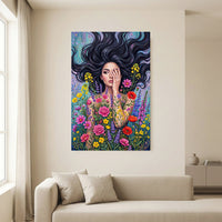 Mystic Woman Floral Canvas Print Wall Art with Flowing Hair, Vibrant Garden Style - Mockup Display 13