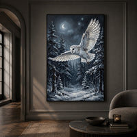 Majestic Barn Owl Snowy Forest Night Oil Painting Style Canvas Print Wall Art - Mockup Display 13
