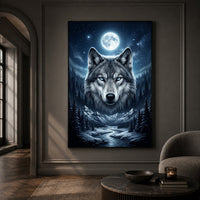 Mystical Blue-Eyed Wolf & Winter Moonlight Forest Canvas Print Wall Art Decor - Mockup Display 13