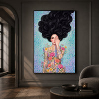Woman with Flowing Hair & Floral Body Art Canvas Print Wall Art, Bohemian Decor - Mockup Display 13
