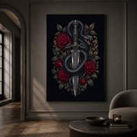 Intricate Dark Fantasy Snake & Dagger Roses Canvas Print Wall Art, Ornate Elegance - Mockup Display 13
