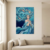 Mystical Water Woman with Koi Fish Oil Painting Style Canvas Print Wall Art Serene - Mockup Display 13