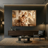 Religious Mother Child and Guardian Angel Oil Painting Style Canvas Print Wall Art - Mockup Display 13
