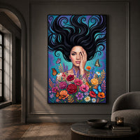 Vibrant Woman with Flowing Hair and Flowers Canvas Print Wall Art, Enchanting Decor - Mockup Display 13