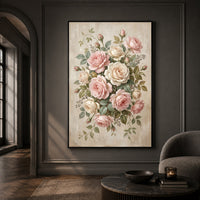 Romantic Pink Cream Roses Floral Oil Painting Style Canvas Print Wall Art Elegant Decor - Mockup Display 13