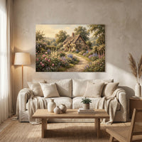 Charming English Cottage Garden Oil Painting Style Canvas Print Wall Art, Rustic Charm - Mockup Display 13