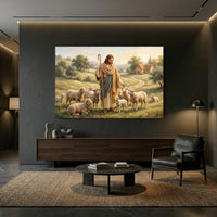 Good Shepherd Jesus Christ Oil Painting Style Canvas Print Wall Art, Serene Biblical Landscape - Mockup Display 13