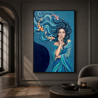 Mystical Woman & Koi Fish Oil Painting Style Canvas Print Wall Art, Serene Decor - Mockup Display 13