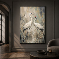 Elegant White Cranes Oil Painting Style Canvas Print Wall Art, Serene Decor - Mockup Display 13