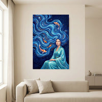Elegant Woman with Flowing Water Hair Koi Fish Artistic Canvas Print Wall Art - Mockup Display 13