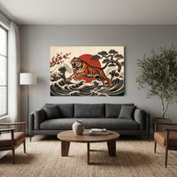 Dynamic Japanese Ukiyo-e Tiger Waves & Sun Canvas Print Wall Art, Zen Decor - Mockup Display 13