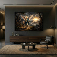 Divine Guardian Angel & Child Oil Painting Style Canvas Print Wall Art, Serene Landscape - Mockup Display 13