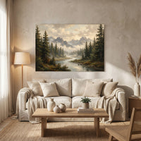 Serene Mountain Forest River Oil Painting Style Canvas Print Wall Art Décor - Mockup Display 13
