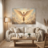 Serene Angel and Child Oil Painting Style Canvas Print Wall Art, Inspiring Divine Glow - Mockup Display 13