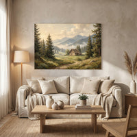 Misty Mountain Valley Cabin Oil Painting Style Canvas Print Wall Art Scenic Decor - Mockup Display 13