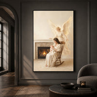 Serene Mother & Baby with Guardian Angel Oil Painting Style Canvas Print Wall Art - Mockup Display 13