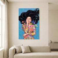 Enchanting Floral Woman Illustration Canvas Print Wall Art, Serene Beauty - Mockup Display 13