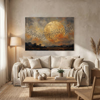 Flock of Birds Full Moon Landscape Oil Painting Style Canvas Print Wall Art for Home - Mockup Display 13