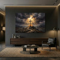 Dramatic Cross on Hill Oil Painting Style Canvas Print Wall Art, Spiritual Light - Mockup Display 13
