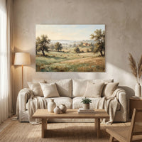 Rustic Landscape with Grazing Sheep Oil Painting Style Canvas Print Wall Art, Farmhouse Decor - Mockup Display 13