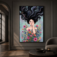 Mystical Woman with Vibrant Flowers Artistic Canvas Print Wall Art, Dreamy Portrait - Mockup Display 13