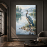Great Blue Heron Oil Painting Style Canvas Print Wall Art, Serene Waterside Decor - Mockup Display 13