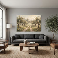 Misty Orchard Path Oil Painting Style Canvas Print Wall Art, Serene Landscape - Mockup Display 13
