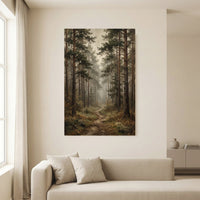 Misty Pine Forest Pathway Oil Painting Style Canvas Print Wall Art, Serene Decor - Mockup Display 13