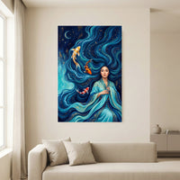 Mystical Asian Woman Koi Fish Oil Painting Style Canvas Print Wall Art, Elegant Decor - Mockup Display 13